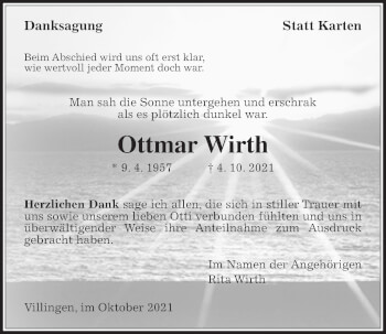 Traueranzeige von Ottmar Wirth von Giessener Allgemeine, Alsfelder Allgemeine