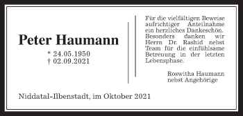 Traueranzeige von Peter Haumann von Wetterauer Zeitung