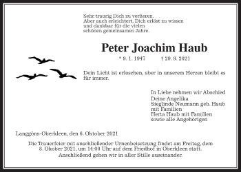Traueranzeige von Peter Joachim Haub von Giessener Allgemeine, Alsfelder Allgemeine