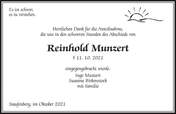 Traueranzeige von Reinhold Munzert von Giessener Allgemeine, Alsfelder Allgemeine