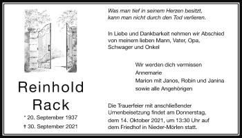 Traueranzeige von Reinhold Rack von Wetterauer Zeitung
