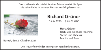 Traueranzeige von Richard Grüner von Giessener Allgemeine, Alsfelder Allgemeine