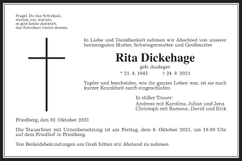 Traueranzeige von Rita Dickehage von Wetterauer Zeitung