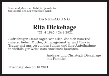 Traueranzeige von Rita Dickehage von Wetterauer Zeitung