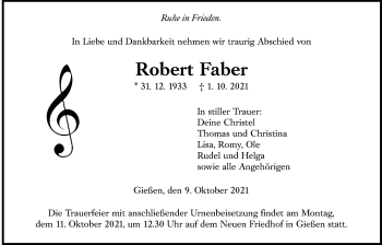 Traueranzeige von Robert Faber von Giessener Allgemeine, Alsfelder Allgemeine