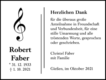 Traueranzeige von Robert Faber von Giessener Allgemeine, Alsfelder Allgemeine