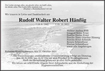 Traueranzeige von Rudolf Walter Robert Hänßig von Rabenauer Zeitung
