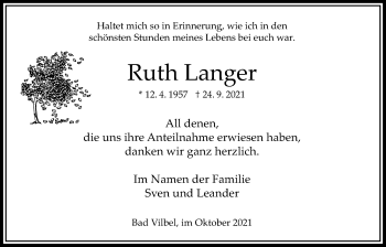 Traueranzeige von Ruth Langer von Bad Vilbel/Karben