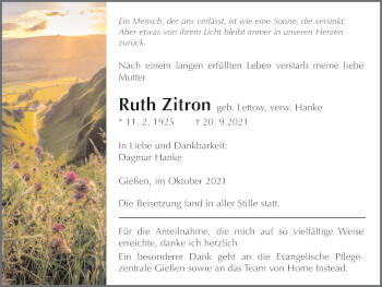 Traueranzeige von Ruth Zitron von Giessener Allgemeine, Alsfelder Allgemeine