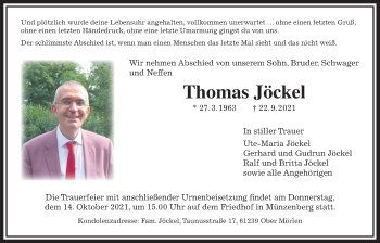 Traueranzeige von Thomas Jöckel von Wetterauer Zeitung