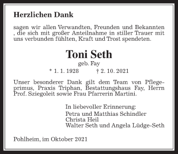Traueranzeige von Toni Seth von Pohlheimer Nachrichten