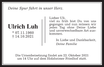 Traueranzeige von Ulrich Luh von Giessener Allgemeine, Alsfelder Allgemeine, Pohlheimer Nachrichten