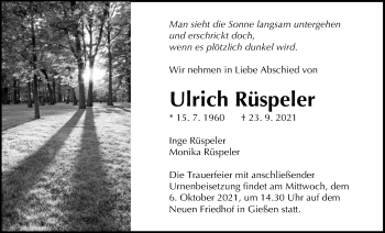 Traueranzeige von Ulrich Rüspeler von Giessener Allgemeine, Alsfelder Allgemeine