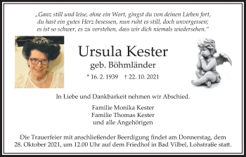 Traueranzeige von Ursula Kester von Bad Vilbel/Karben
