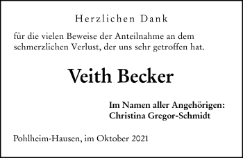 Traueranzeige von Veith Becker von Giessener Allgemeine, Alsfelder Allgemeine