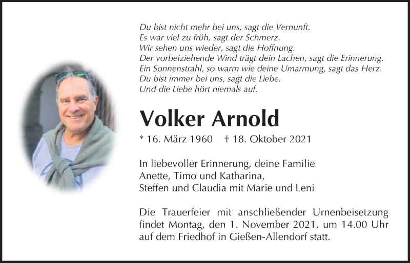  Traueranzeige für Volker Arnold vom 30.10.2021 aus Giessener Allgemeine, Alsfelder Allgemeine