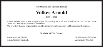 Traueranzeige von Volker Arnold von Giessener Allgemeine, Alsfelder Allgemeine