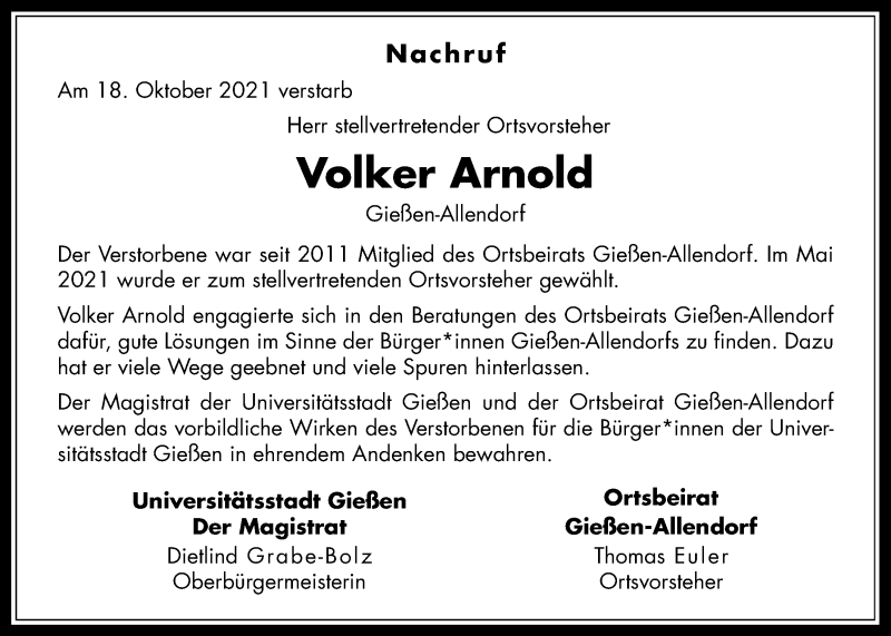  Traueranzeige für Volker Arnold vom 30.10.2021 aus Giessener Allgemeine, Alsfelder Allgemeine