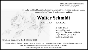 Traueranzeige von Walter Schmidt von Giessener Allgemeine, Alsfelder Allgemeine