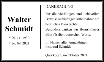 Traueranzeige von Walter Schmidt von Giessener Allgemeine, Alsfelder Allgemeine