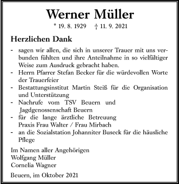 Traueranzeige von Werner Müller von Giessener Allgemeine, Alsfelder Allgemeine