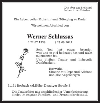 Traueranzeige von Werner Schlussas von Wetterauer Zeitung