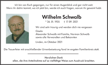 Traueranzeige von Wilhelm Schwalb von Giessener Allgemeine, Alsfelder Allgemeine