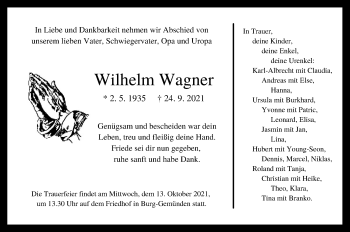 Traueranzeige von Wilhelm Wagner von Alsfelder Allgemeine