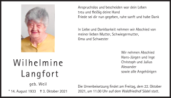 Traueranzeige von Wilhelmine Langfort von Wetterauer Zeitung