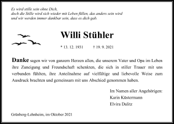 Traueranzeige von Willi Stühler von Giessener Allgemeine, Alsfelder Allgemeine