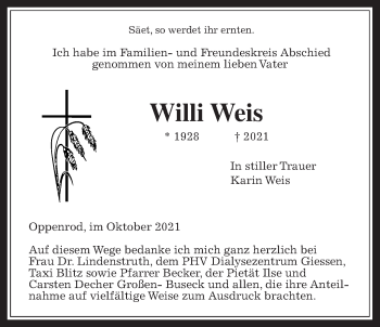 Traueranzeige von Willi Weis von Giessener Allgemeine, Alsfelder Allgemeine