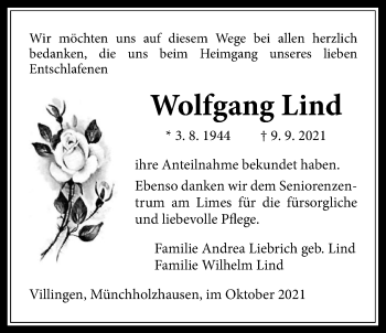 Traueranzeige von Wolfgang Lind von Licher Wochenblatt