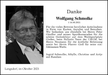 Traueranzeige von Wolfgang Schmolke von Licher Wochenblatt