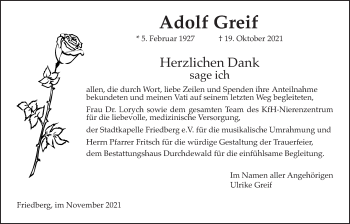 Traueranzeige von Adolf Greif von Wetterauer Zeitung, Wetterauer Zeitung