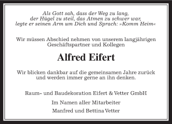 Traueranzeige von Alfred Eifert von Usinger Anzeiger