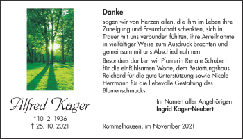 Traueranzeige von Alfred Kager von Kreis-Anzeiger