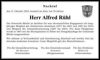 Traueranzeige von Alfred Rühl von Mücker Stimme