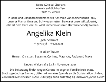 Traueranzeige von Angelika Klein von Giessener Allgemeine, Alsfelder Allgemeine