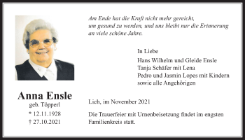 Traueranzeige von Anna Ensle von Licher Wochenblatt