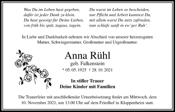 Traueranzeige von Anna Rühl von Bad Vilbel/Karben