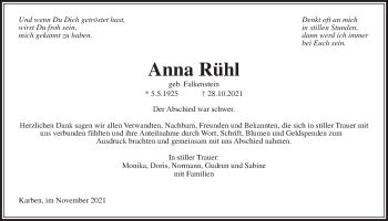 Traueranzeige von Anna Rühl von Bad Vilbel/Karben