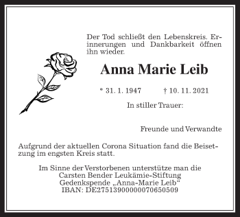 Traueranzeige von Anna Marie Leib von Giessener Allgemeine, Alsfelder Allgemeine