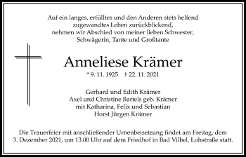 Traueranzeige von Anneliese Krämer von Bad Vilbel/Karben