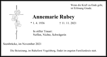Traueranzeige von Annemarie Rubey von Giessener Allgemeine, Alsfelder Allgemeine, Giessener Allgemeine, Alsfelder Allgemeine