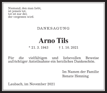 Traueranzeige von Arno Tils von Laubacher Anzeiger