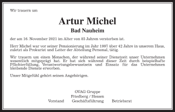 Traueranzeige von Artur Michel von Wetterauer Zeitung