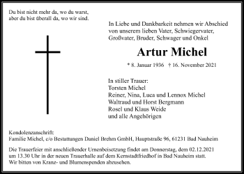 Traueranzeige von Artur Michel von Wetterauer Zeitung, Giessener Allgemeine, Alsfelder Allgemeine