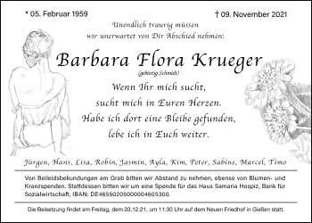 Traueranzeige von Barbara Flora Krueger von Giessener Allgemeine, Alsfelder Allgemeine