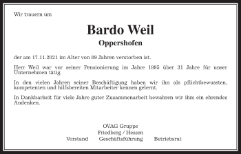 Traueranzeige von Bardo Weil von Wetterauer Zeitung