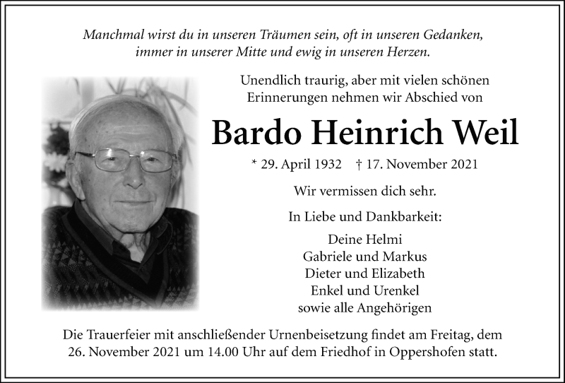  Traueranzeige für Bardo Heinrich Weil vom 23.11.2021 aus Wetterauer Zeitung, Wetterauer Zeitung